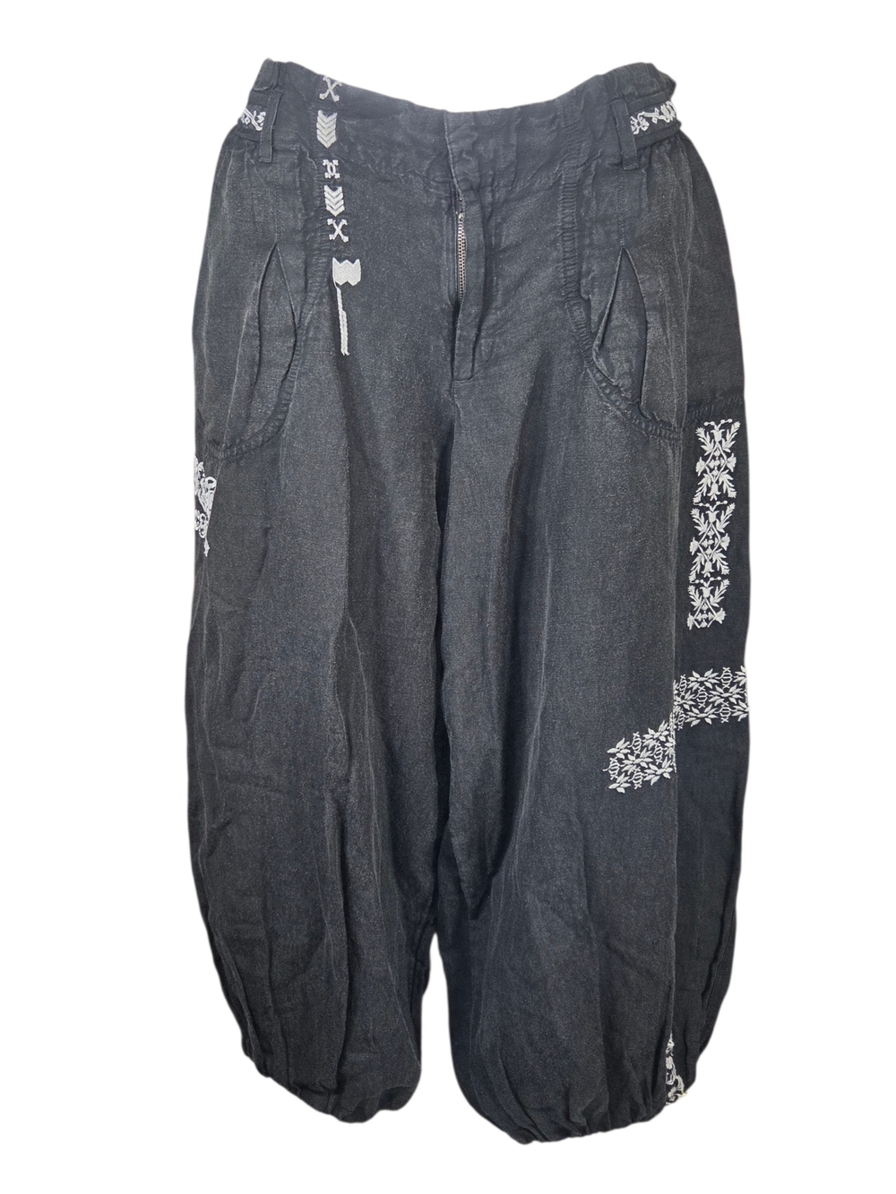 Anthropologie Black Cargo Harem Pants with White Embroidery. Size L